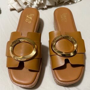 Franco Sarto Tan Cork Sandals with Gold Accent